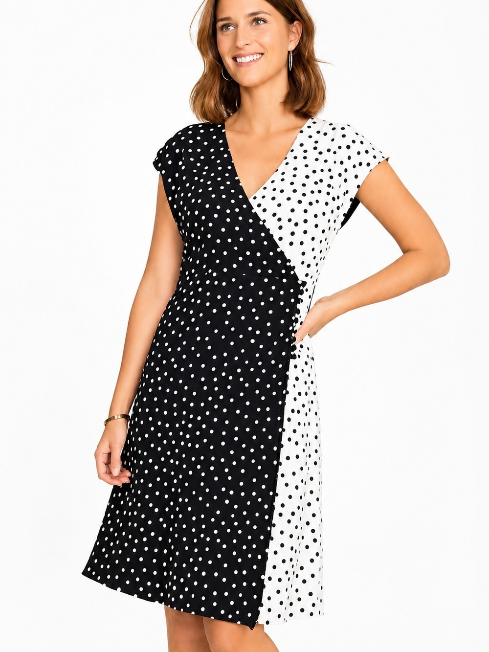 Ann Taylor Polka Dot Wrap Dress Size 14 Side Button Detail Chic color block